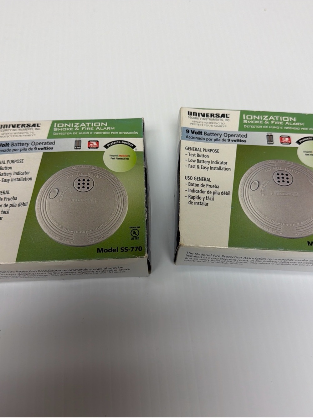 Universal Ionization Smoke & Fire Alarms White with Green Packaging - Pair
